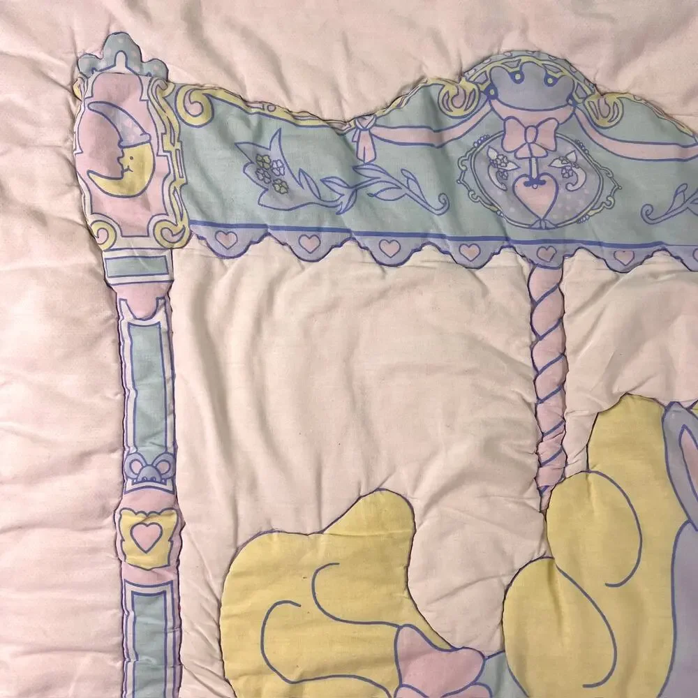 Vintage 80s 90s Baby Quilt Carousel Horse Merry Go Round Pink Lace Crib Blanket